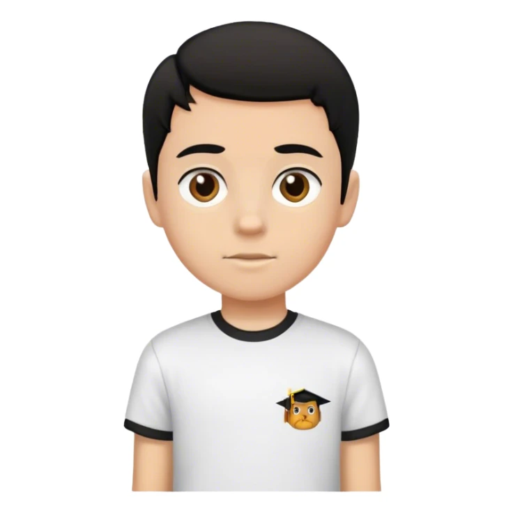 white boy, a little bit brown, black hair, wearing a school T-shirt sticker