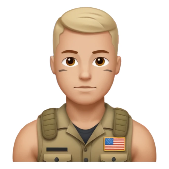 generate white powerful american soldier with small usa flag on shoulder sticker