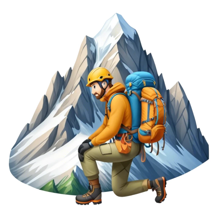 Icon for Mountain Tourism and Climbing: a mountain peak in the background, climbing gear and backpack. The icon should capture the adventure and challenge of alpine exploration. Transparent background. sticker
