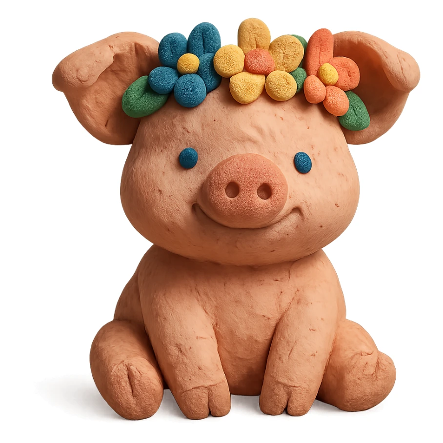playful and cute piglet with a flower crown, textured look, claymation style sticker