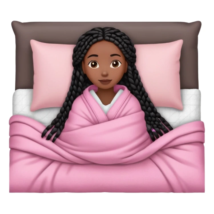 A dark-skinned Black woman with black box braids, lying on her side in bed, wrapped in a blanket, resting on a pink pillow sticker