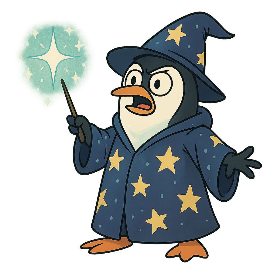 a penguin wizard casting a sparkling spell, starry robe, magical aura, cartoon style sticker