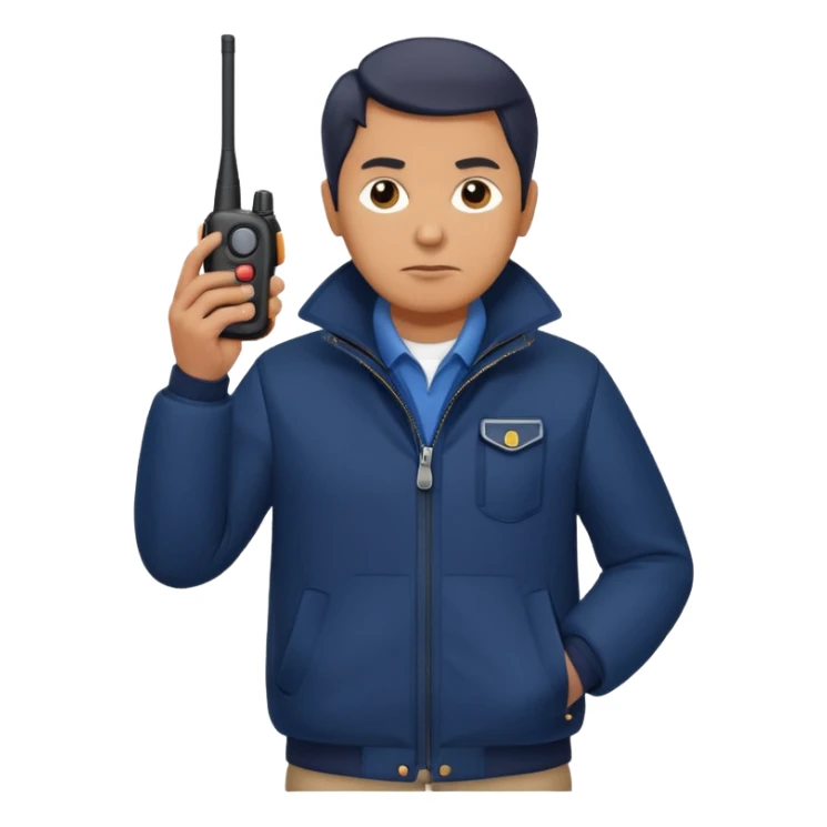 Security, Middle-aged, wearing navy blue jacket, serious facial expression, holding holding walkie-talkie, full body sticker