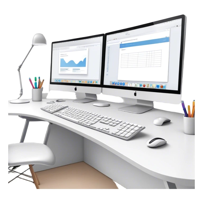 Create an emoji for UX/UI design. Show a workspace with two large curved monitors placed next to each other, displaying design mockups or wireframes. A mouse, keyboard, and stylus to symbolize the tools used in the design process. Do not include any emojis or smiley faces. Background transparent. sticker