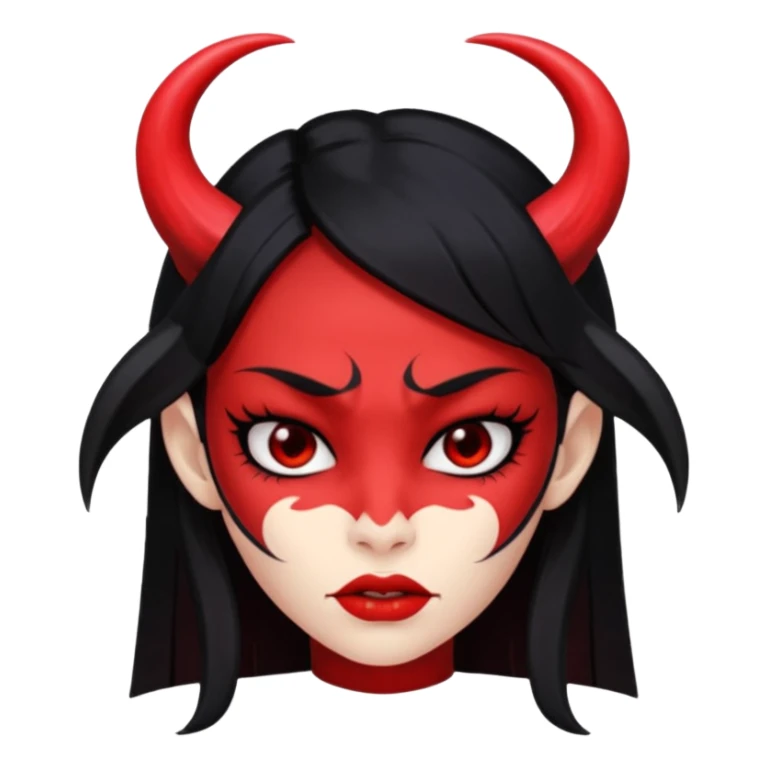 Head only demon girl; face with pronounced cheekbones and angular jaw; skin is uniform pure red (#FF0000) everywhere; long straight smooth black hair; small horns sticker