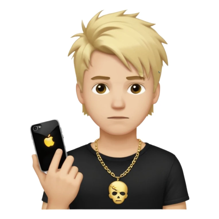 make a iphone emoji who is a white man that looks young with messy blonde medium hair with a black punk shirt and a golden neckless sticker