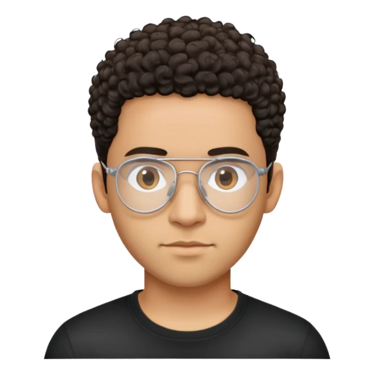Light brown skinned Latino man with oval face, transparent aviator eyeglasses with thin metal frames, completely bald sides with extremely short dark curly hair only on crown, friendly neutral expression, casual black t-shirt sticker