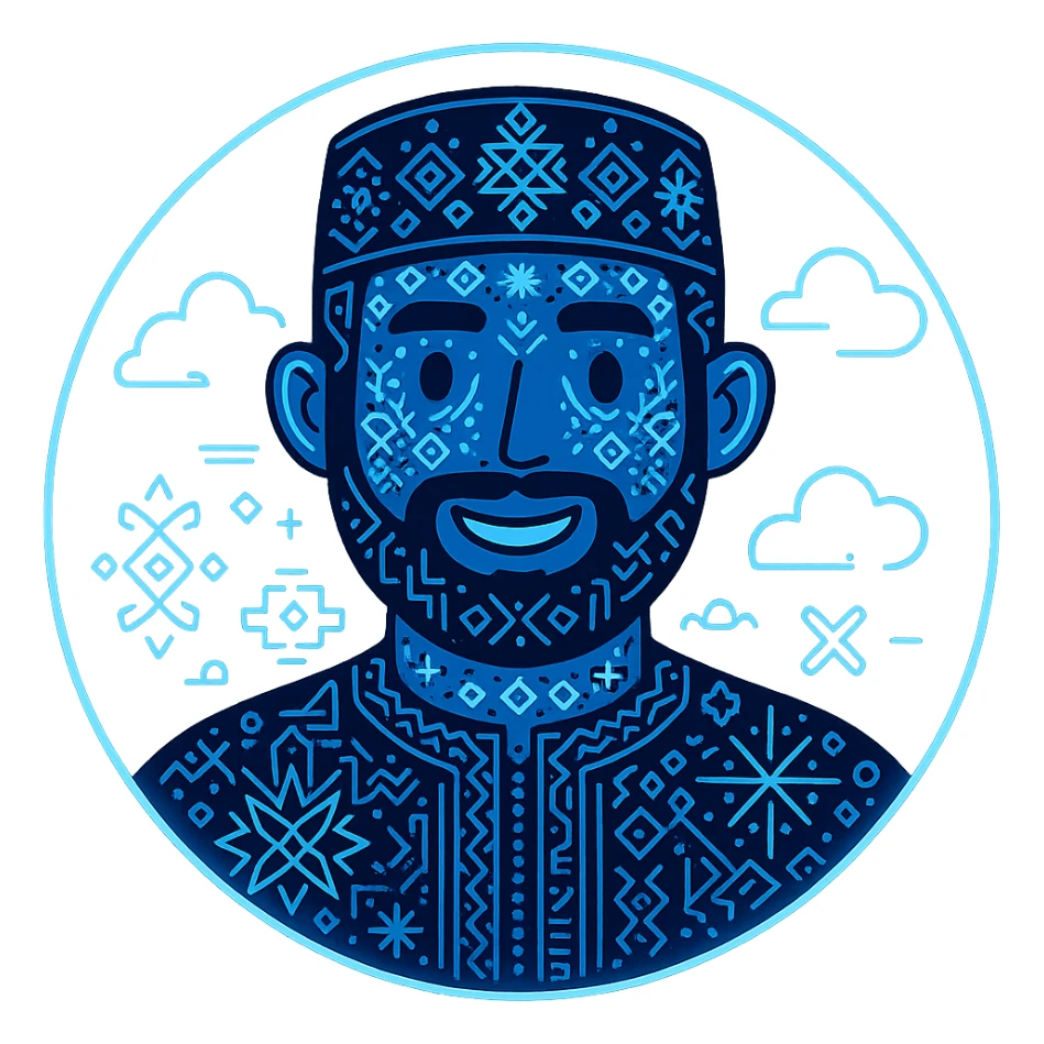 Add more prominent Algerian traditional patterns and motifs in a tech-inspired, minimalist style. Keep the avatar friendly and inside the glowing circular frame. Maintain a transparent background. The style should be tech-inspired minimalist with clear Algerian traditional patterns. sticker