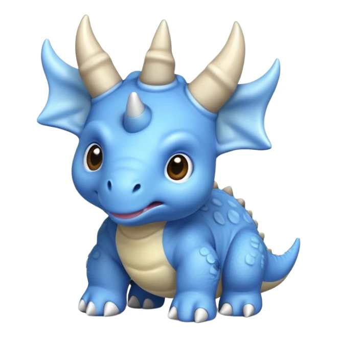 A small blue baby triceratops toy with stubby horns and a pacifier sticker