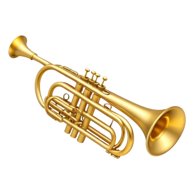 Create a sleek and professional emoji representing a Stomvi trumpet. The design should showcase the shiny, polished brass body of the trumpet with its distinct bell, valves, and tuning slides. Highlight the intricate keywork and the valve pistons, with detailed metallic accents and subtle reflections on the surface. The mouthpiece should be visible at the top of the instrument. Use golden and brass tones with light reflections to emphasize the smooth, high-quality finish. Add a few musical notes floating around the trumpet to evoke its bright and resonant sound. The background should be transparent. sticker