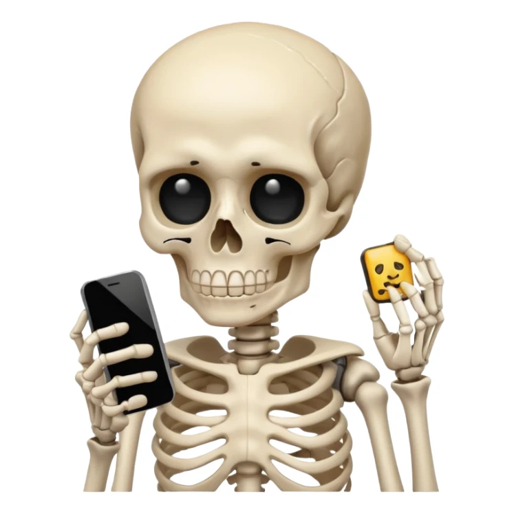 a sad human skeleton holding a mobile phone, emoji style sticker