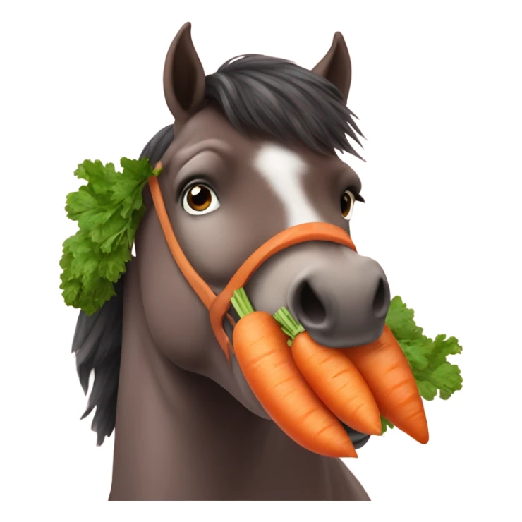 A chubby brown horse with rosey cheeks eating a carrot sticker