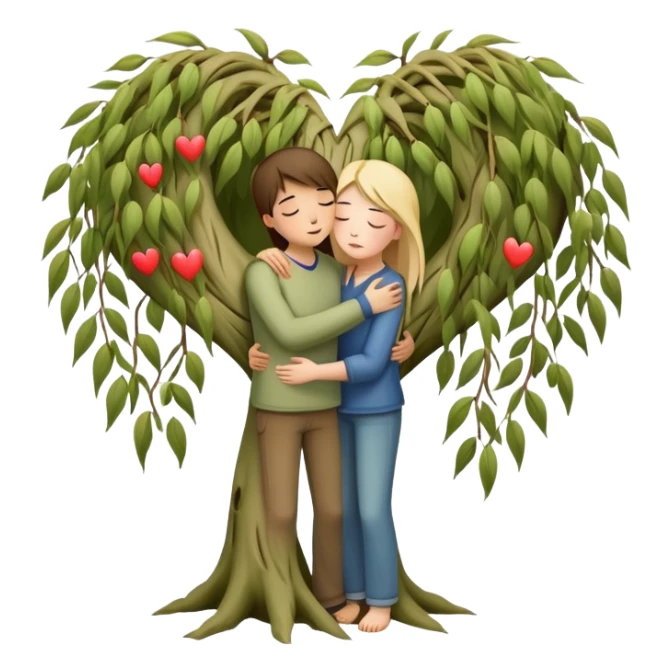heart-shaped weeping willow tree surrounding two friends hugging in a comforting way, supportive embrace, with small heart symbol sticker