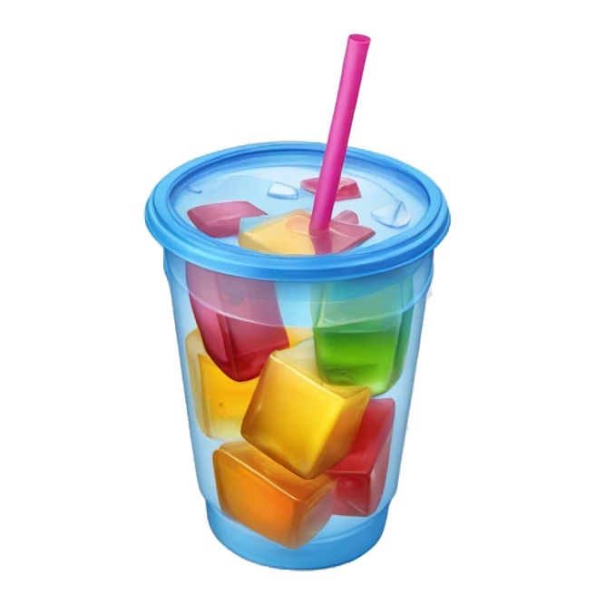 Realistic plastic cup and lid with juice and large ice cubes inside and colorful straw poked through the top of the lid. sticker