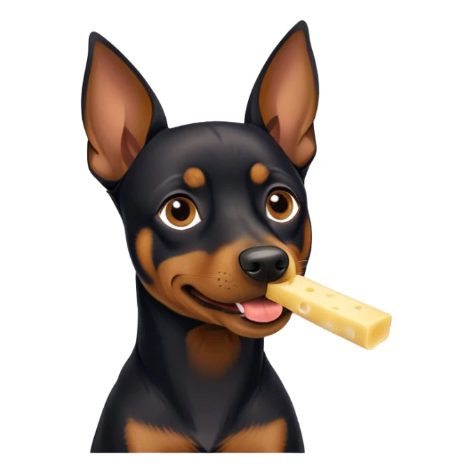 A black German pinscher eating with flappy ears a piece of string cheese sticker