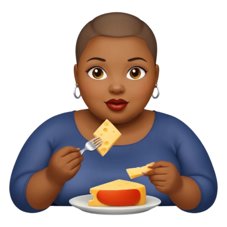 Black fat woman with buzz cut eating cheese sticker