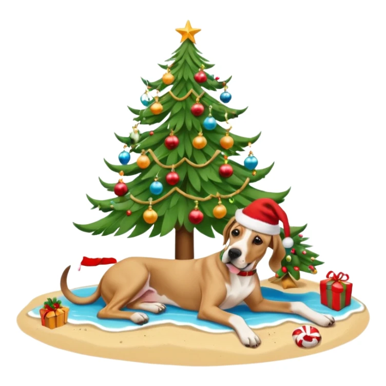 Fawn Great Dane laying on a tropical beach with a Christmas tree and dog bones under the tree sticker