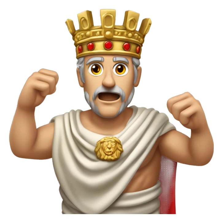 Um imperador de pé, com a toga vermelha fluindo com o movimento, rosto contorcido de raiva, olhos arregalados e punhos cerrados. Ele está jogando sua coroa de louros dourada no chão com força. sticker