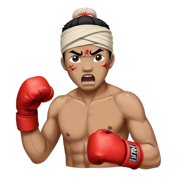 A traditional Lethwei fighter with wrapped bare fists and a traditional Burmese headband (gaung baung), shouting with fierce intensity, blood mark on glove, gritty and raw appearance, Burmese boxing sticker