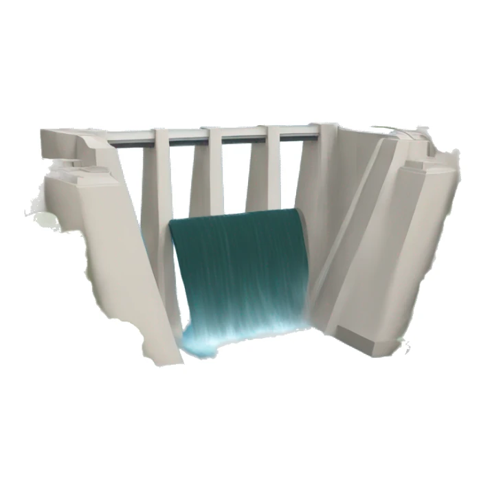 a dam with water behind it, mountains in the background sticker