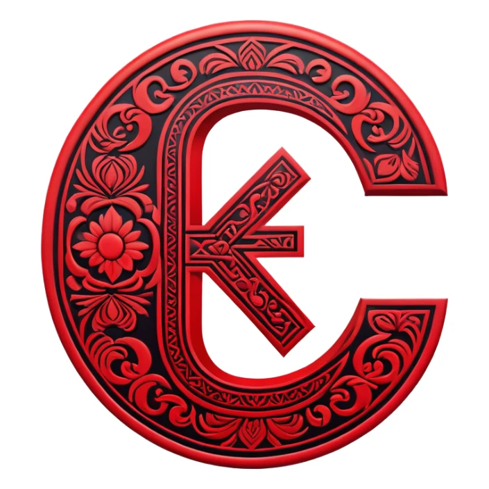 Russian ruble currency symbol (₽) decorated with traditional Udmurt folk patterns, geometric ornaments in red and black colors, symmetrical design sticker