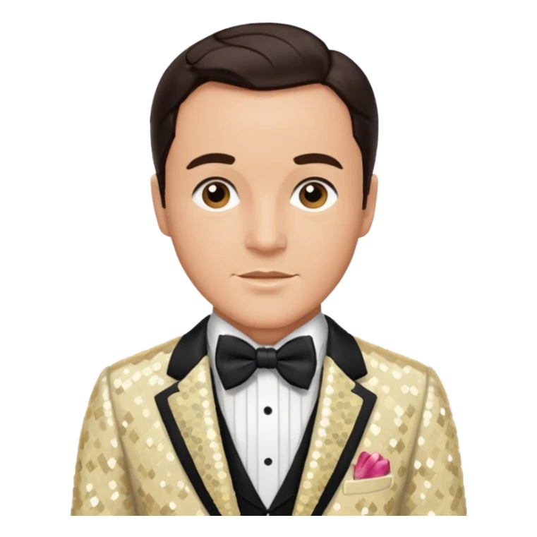 Gene Kelly with dark brown hair, cream sequin suit with bow tie sticker