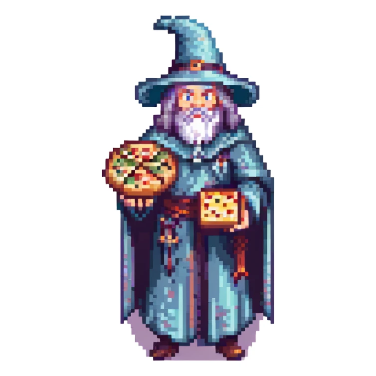 A wizard with a pizza in hand, muted colors, retro gaming aesthetic. sticker