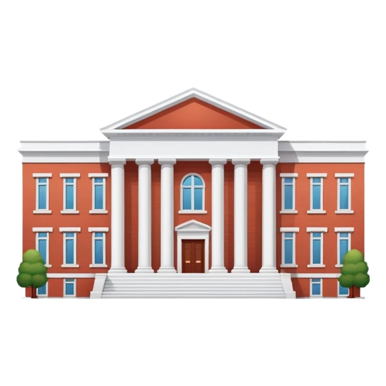 A flat cartoon-style university building with columns. Red brick, symmetrical, clean design, white background, iOS emoji aesthetic. sticker