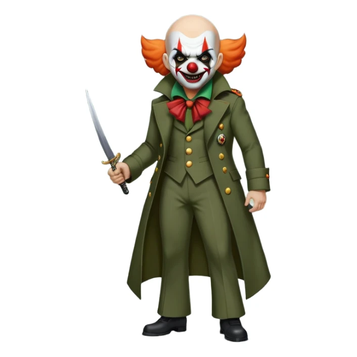 evil clown, bald, small black horns on forehead, fangs, pointed ears, eye patch over one eye, long coat over black and military green leisure suit with bellbottom pants, tail, realistically proportioned, less bulky, full body, battle-ready, fighting posture sticker