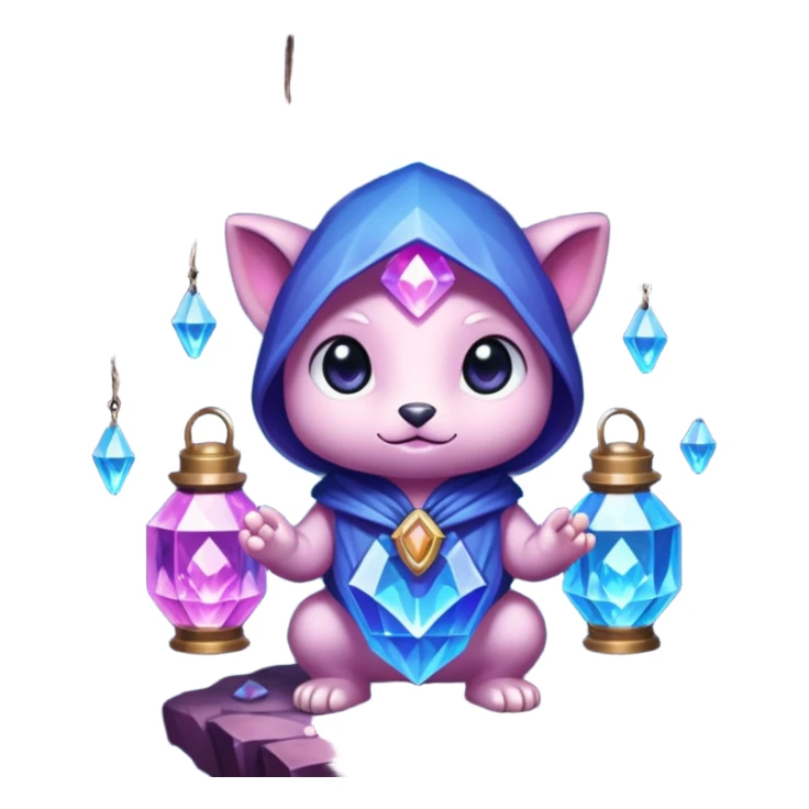 purple, blue, and pink crystal chibi creature holding a lantern inside a crystal-filled cave sticker