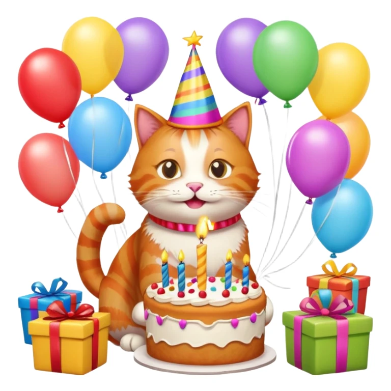 Ginger cat celebrates birthday, birthday hat, birthday cake, balloons, happy, gifts sticker