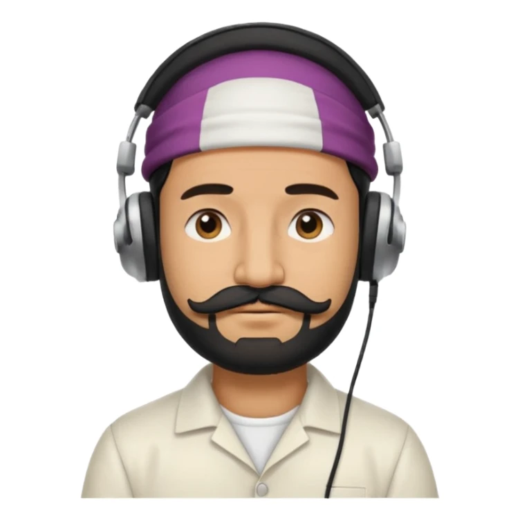 Half body man wearing white topi, lapray, black beard and moustache, headphones, eyes closed, realistic emoji style. sticker