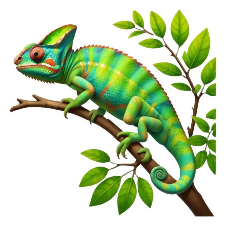 Giant Chameleon blending into natural surroundings, perched on a branch. Its vibrant colors shift with the environment. Lush greenery, branches, and soft sunlight create a peaceful, nature-filled background. Transparent background, showcasing the chameleon's colorful, textured skin. sticker