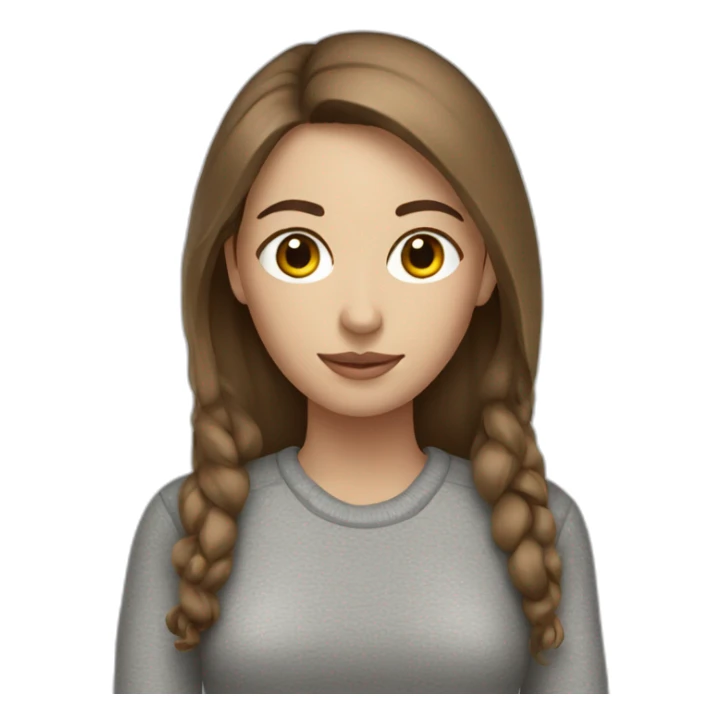 A woman with a white skin, brown hair and a gray pull over sticker