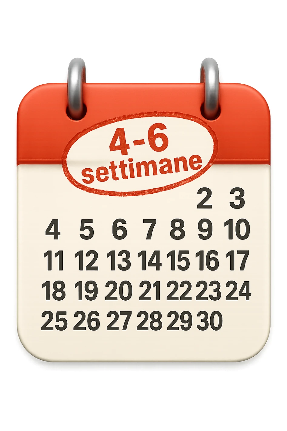 foglio di calendario con le date scritte, con timbro rosso con la scritta "4-6 settimane" sopra, stile emoji iphone, iperrealistico 4k sticker