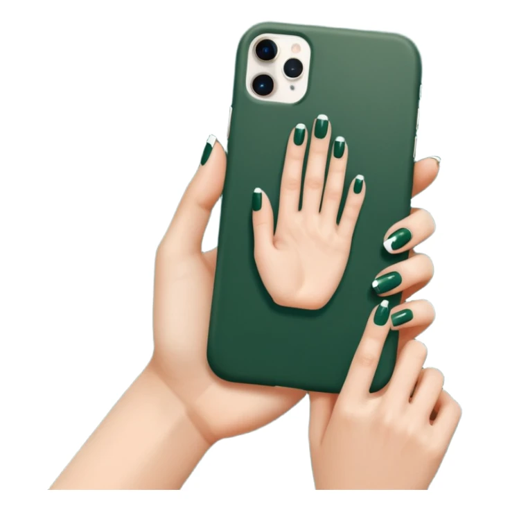 female hand with nude manicure holding a white iPhone in a dark green case, top view, minimalism sticker