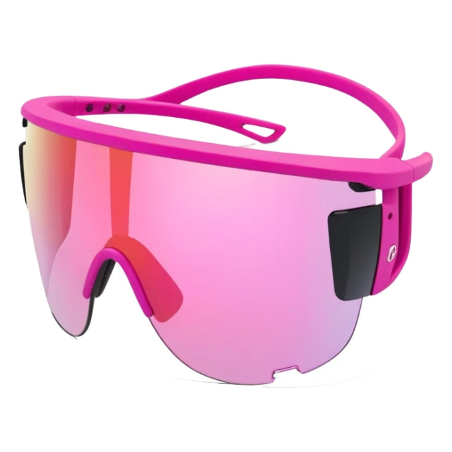 sporty pink shield visor sunglasses with ultra thick frame with rubber grip details, heavy-duty construction, substantial build, one-piece polarized lens sticker
