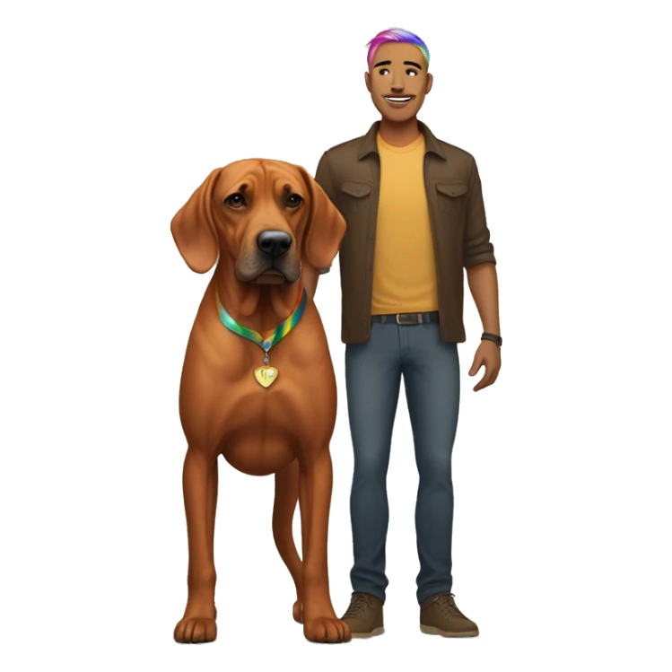 white male with long rainbow colored hair standing alongside a brown rhodesian ridgeback sticker
