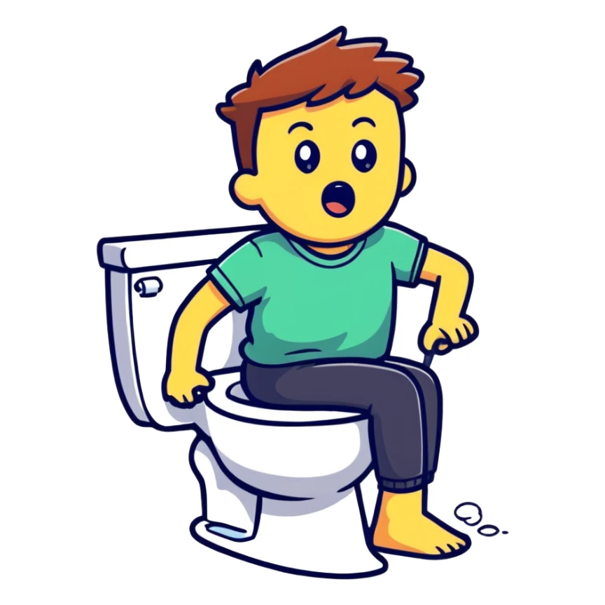 A person with a shocked expression sitting on toilet feeling the splash sticker