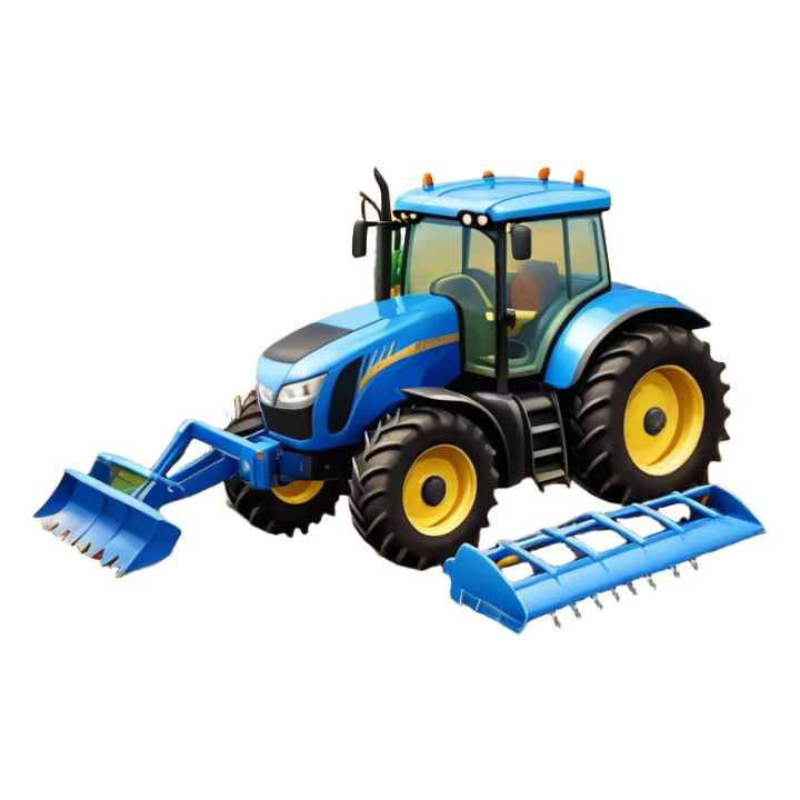 An icon representing a farming simulator, with a detailed tractor with a colorful rural landscape, plowing fields under a bright sky. The design includes farming tools, crops and barns, symbolizing the immersive experience of managing a farm. Transparent background. sticker