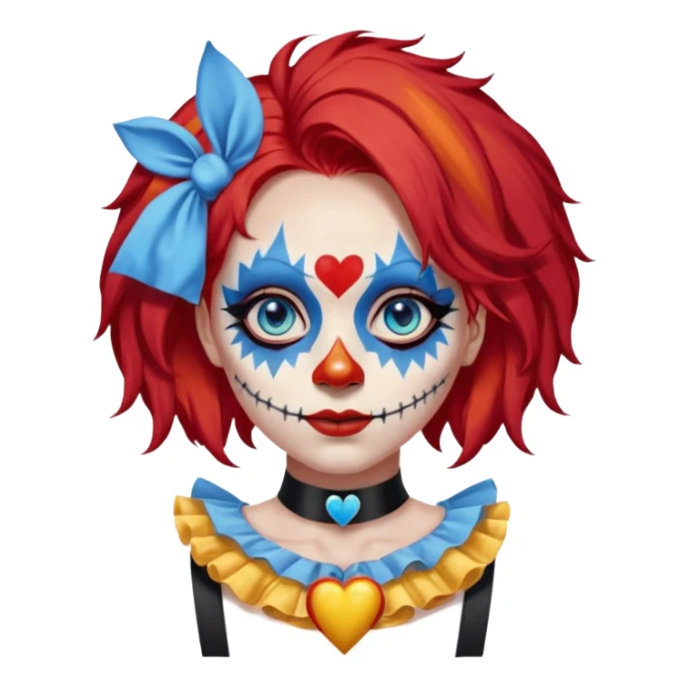 wendy thomas  the clown from gta rp nopixel she has a blue sun covering right eye with three yellow lines below her right eye and above her left eye this is her clown makeup . she has long bright red hair and light blue eyes with ablack heart choker and black bunny ears. with a skeleton shirt sticker
