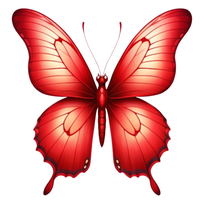 Cinematic Realistic Noble Red Butterfly Portrait Emoji, Poised and elegant, with delicate, translucent wings rendered in rich ruby and scarlet hues, a slender, graceful body with intricately detailed textures, and soft, reflective eyes, illuminated by natural light, high shine, intelligent and regal, styled with an air of refined natural splendor, focused and attentive, soft glowing outline, capturing the essence of a watchful and confident red butterfly that appears to emerge majestically from the screen! sticker