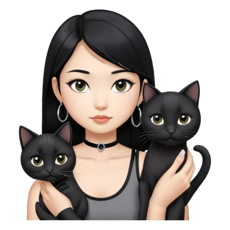 Asian girl with black hair, grey highlight, slightly longer than shoulder.  Holding two BLACK cats. The girl also wearing a black singlet, a black chocked, silver round hook earring, and wearing eyeliner.  sticker