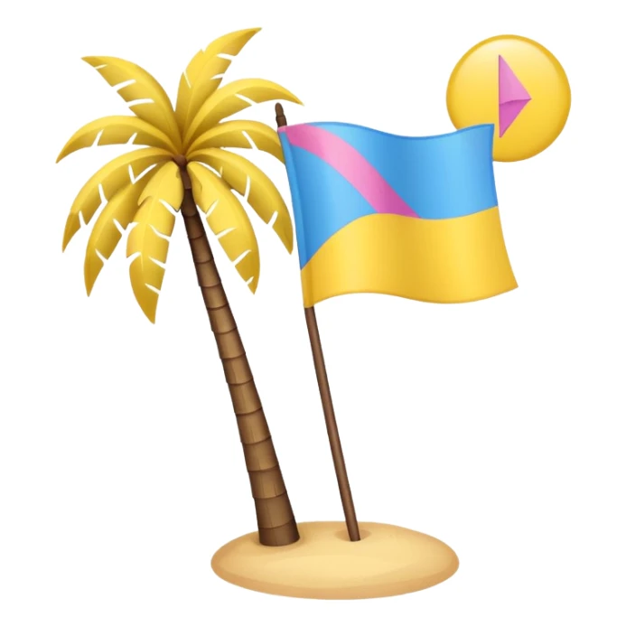 A pink flag in this flag there’s two small blue triangles on the sides In the middle of the circle on the flag a small pink palm tree coming out of the sides  yellow circle with two thick yellow stripes sticker