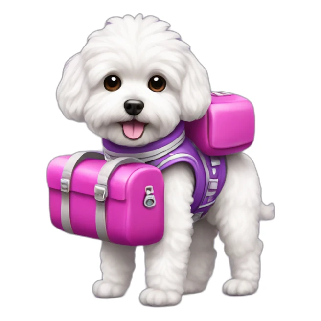 a white maltipoo as purple astronaut with a pink luggage sticker