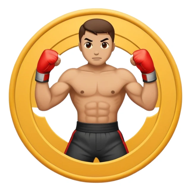 An emblem-style emoji symbolizing striking martial arts. The design features a stylized fighter in a dynamic stance, delivering a powerful punch, surrounded by a circular border with traditional elements like fists and combat symbols. Bold, clean lines with contrasting colors. sticker