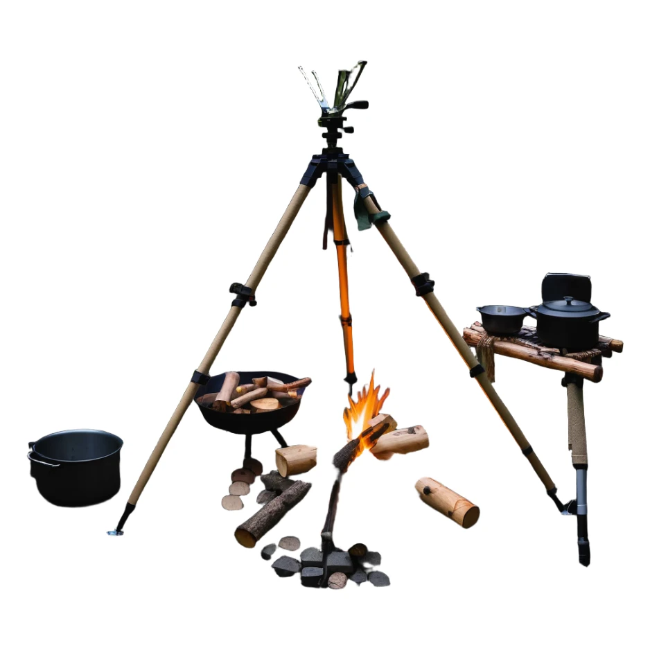 bushcraft wilderness campfire with tripod cooking setup and log seats sticker