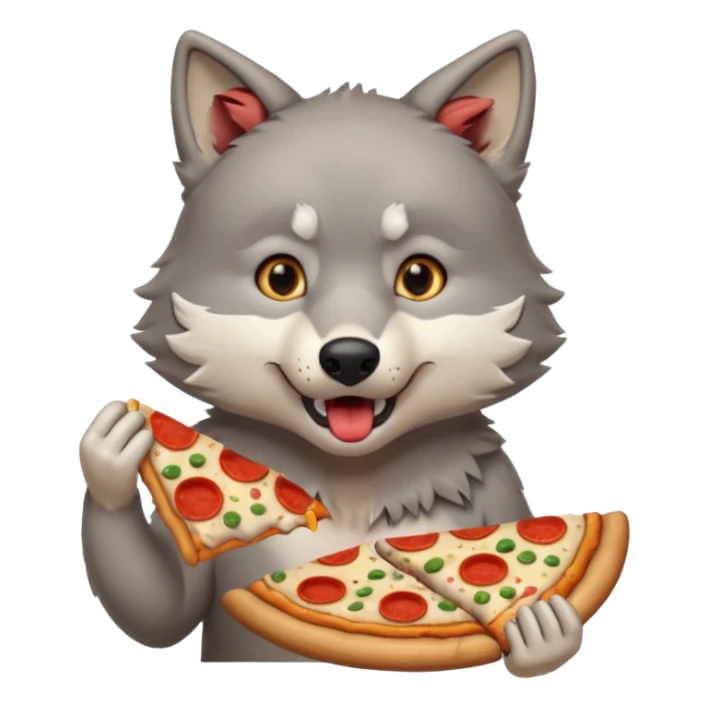 a surprised grey wolf eating a piece of pizza in a sitting pose emoji sticker