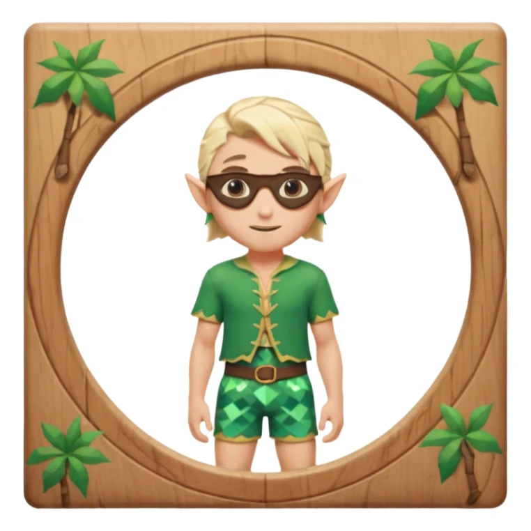elf male legolas portrait, patterned board shorts (geometric/abstract), unique wooden-framed sunglasses, undercut hairstyle, slight smirk, visible pointy ears, no background, centered emoji, hipster summer vibe sticker