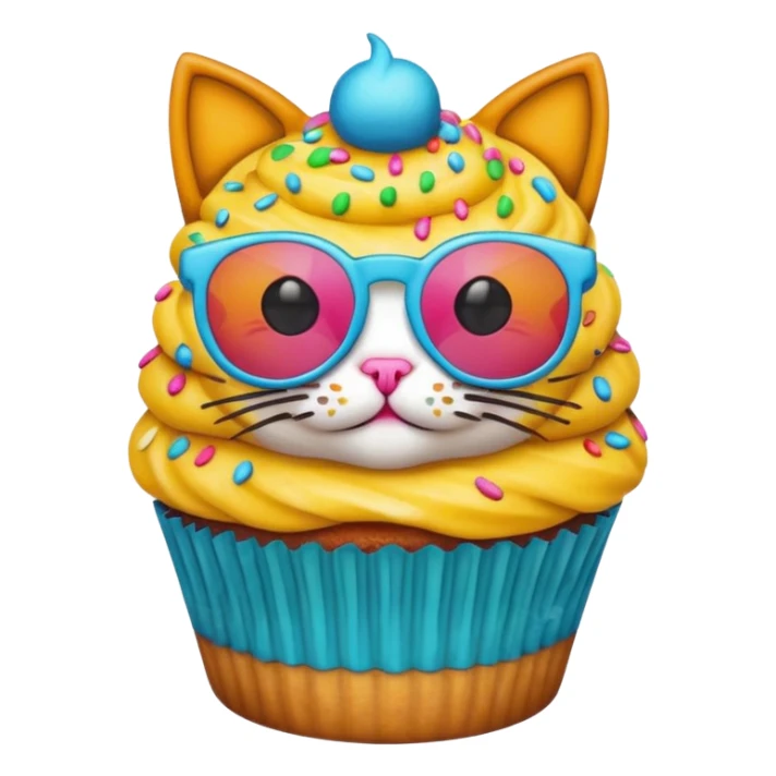 funny colorful cupcake with cat head wearing sunglasses, emoji style sticker